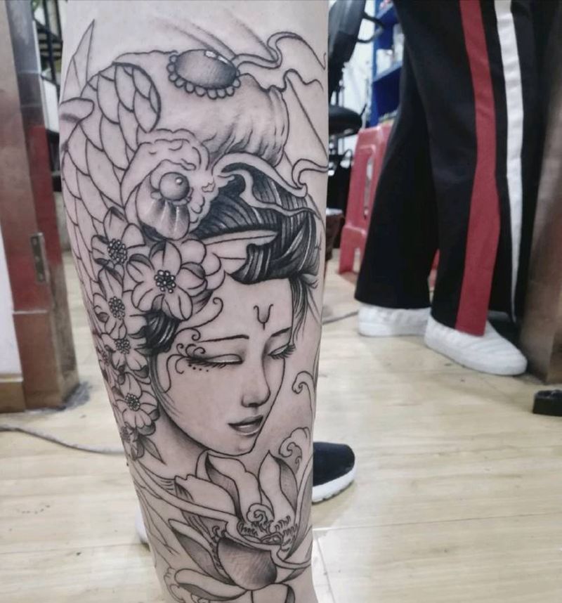 艺伎纹身图片_腿部纹身图案
