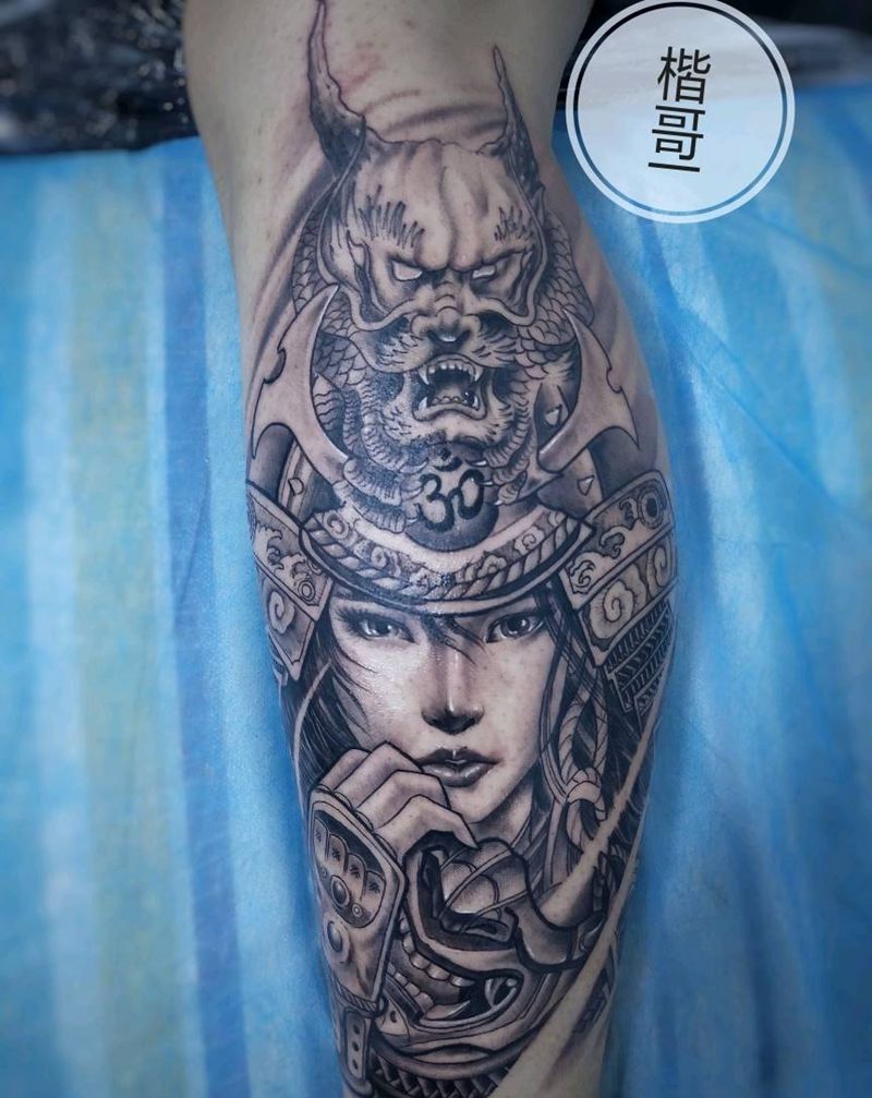 女武士纹身图片_腿部新传统纹身图案