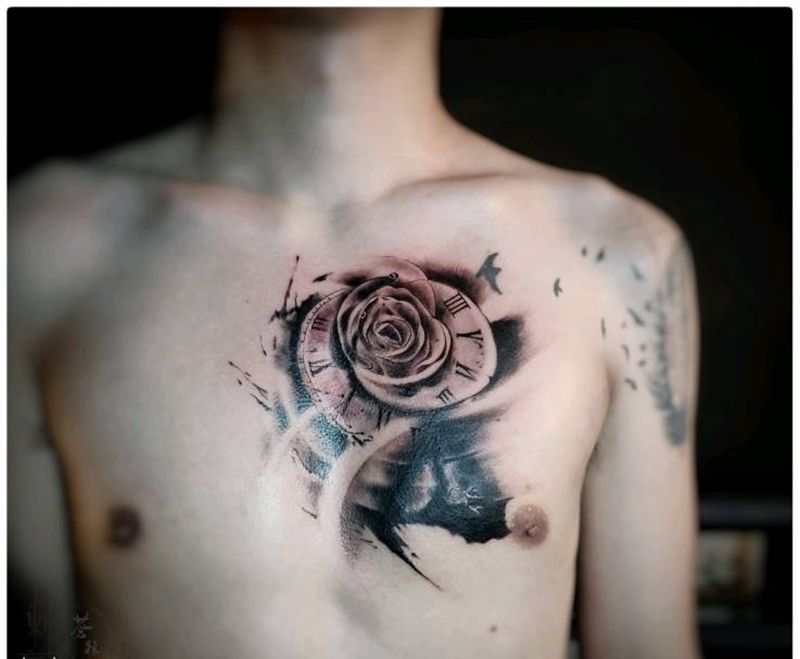 花    暴力遮盖纹身图片_胸部纹身图案