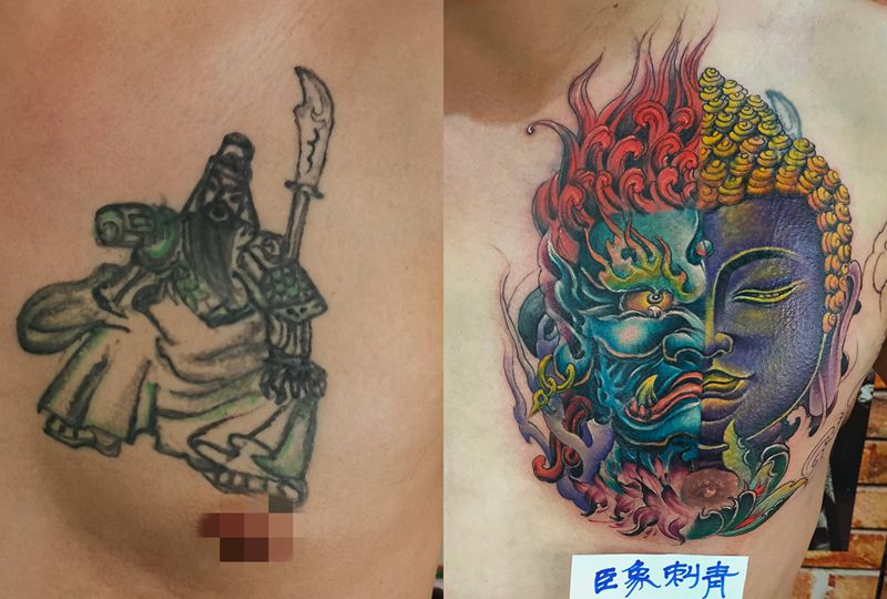 遮盖纹身图片_胸部新传统善恶纹身图案