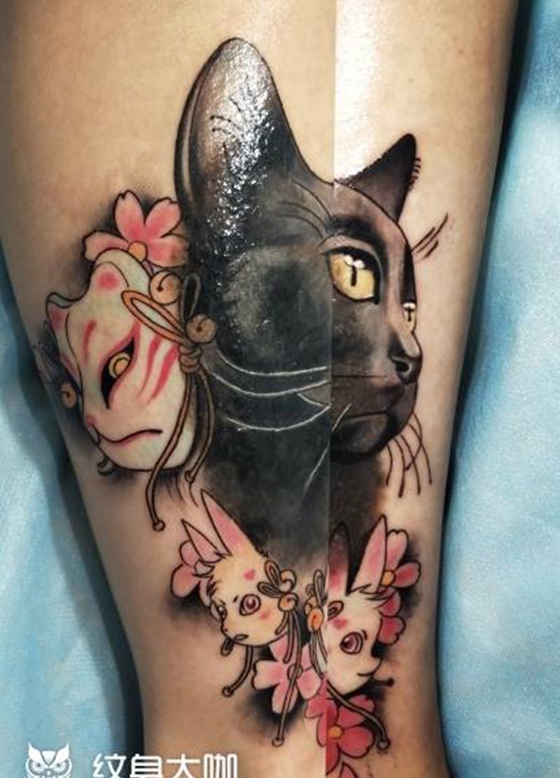 黑猫遮盖胎记，终于可以穿裙子了纹身图片_腿部New School纹身图案