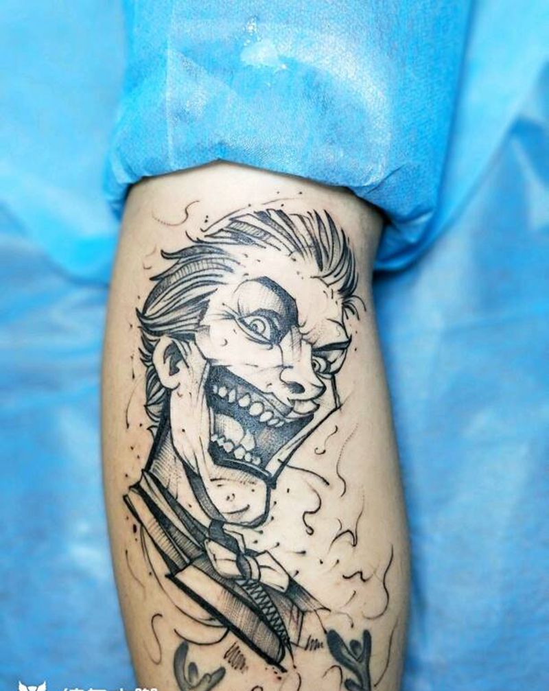 小丑纹身图片_腿部欧美人物纹身图案