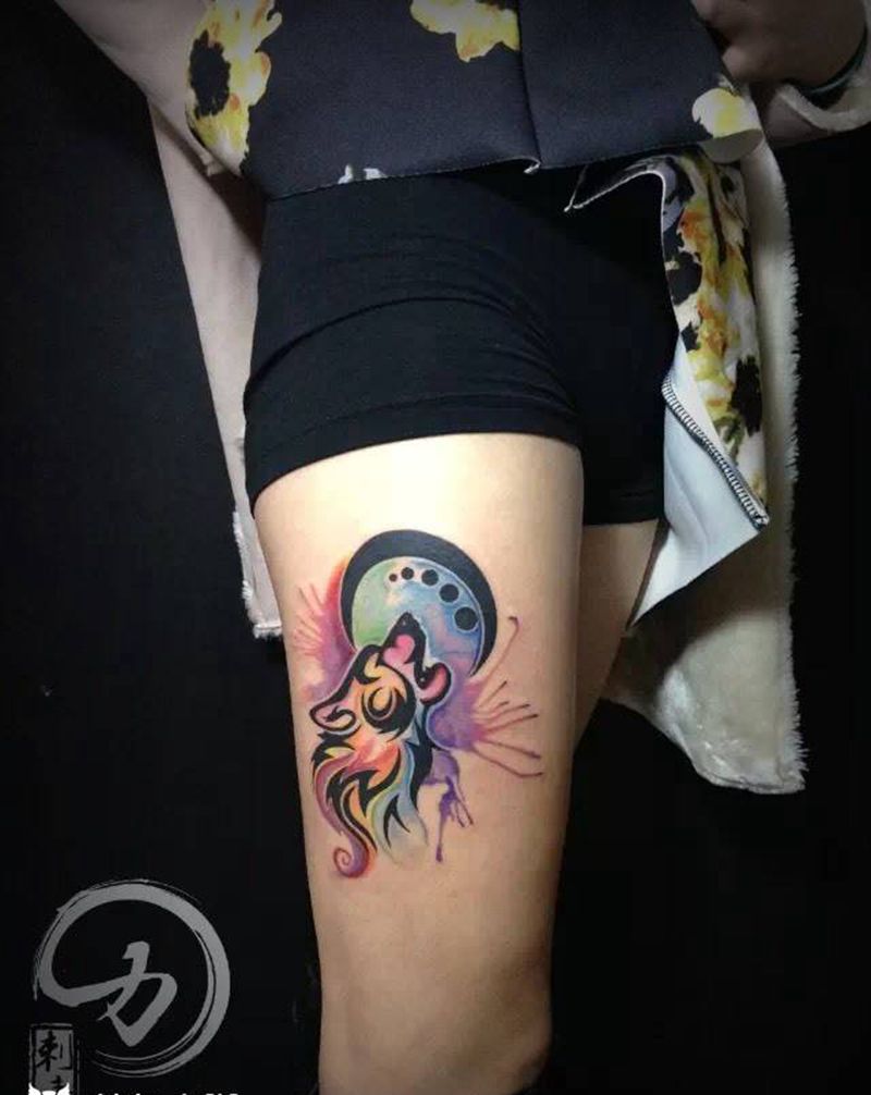 狼纹身图片_成品腿部欧美原创动物纹身图案