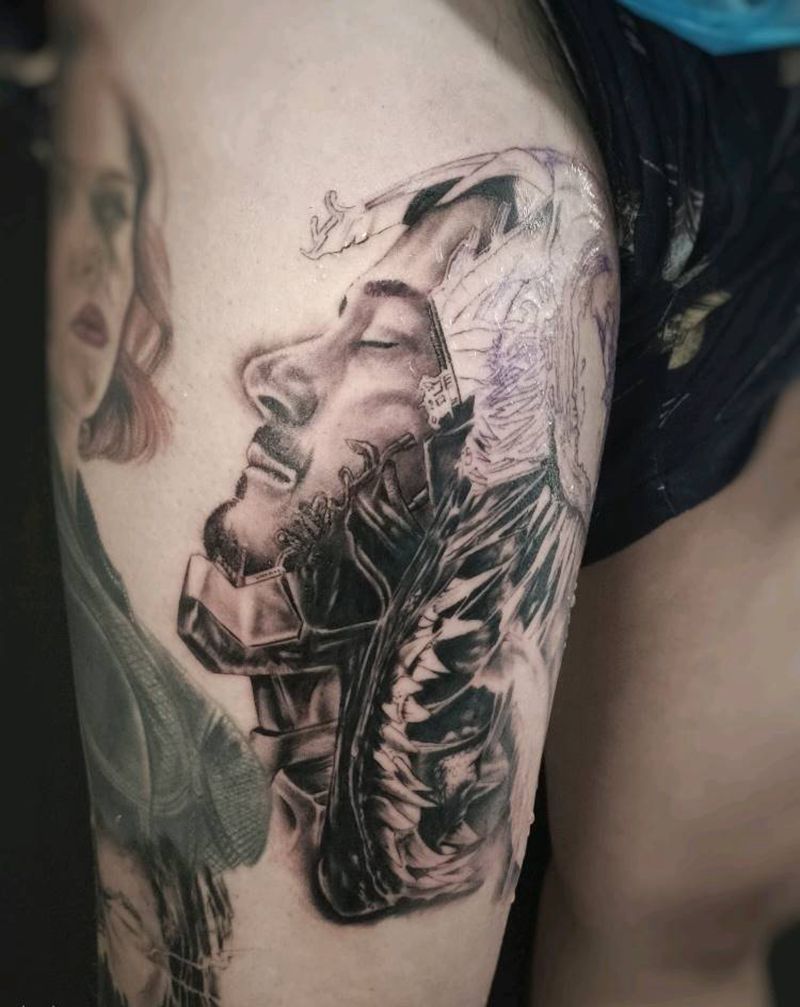 英雄联盟纹身图片_腿部欧美写实纹身图案
