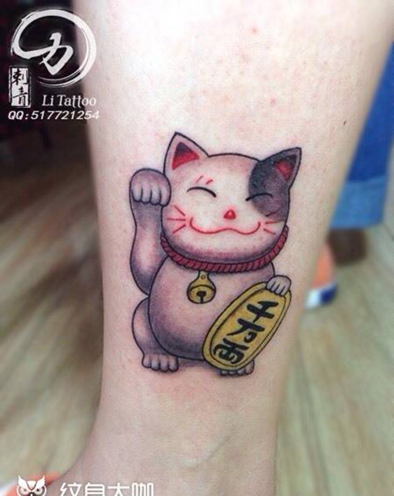 招财猫纹身图片_成品腿部清新原创动物纹身图案