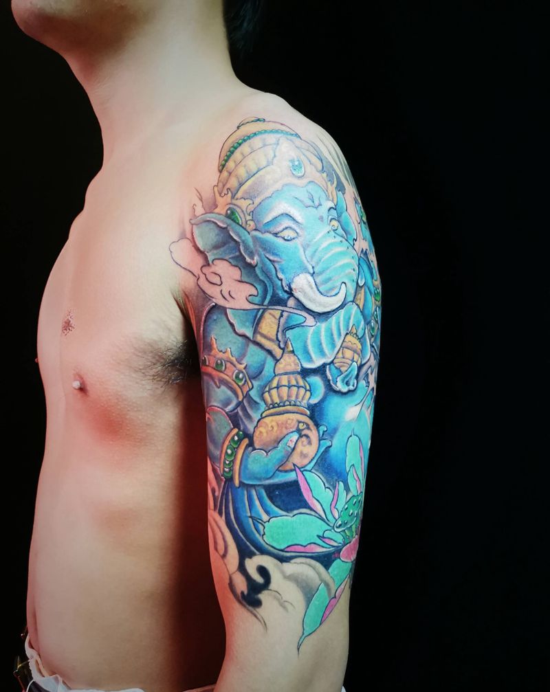 象神纹身图片_手臂新传统纹身图案