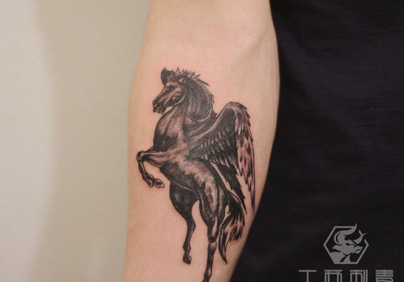 天马纹身图片_手臂腿部欧美写实新传统纹身图案