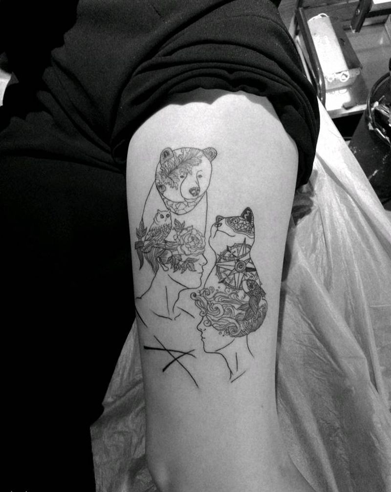 熊和猫纹身图片_腿部清新几何纹身图案