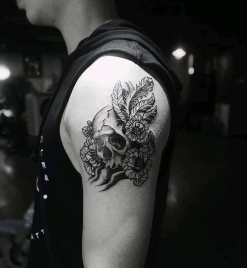 骷髅花纹身图片_肩部腹部背部手臂腿部欧美鬼神成品纹身图案