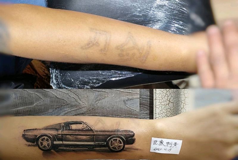 遮盖纹身图片_手臂欧美写实车纹身图案