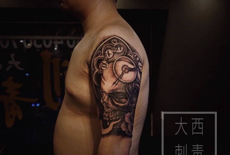 骷髅纹身图片_成品手部腿部欧美写实鬼神纹身图案