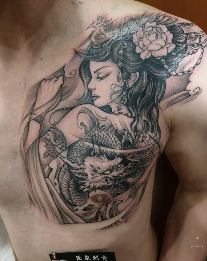 龙艺纹身图片_胸部新传统艺妓，龙纹身图案
