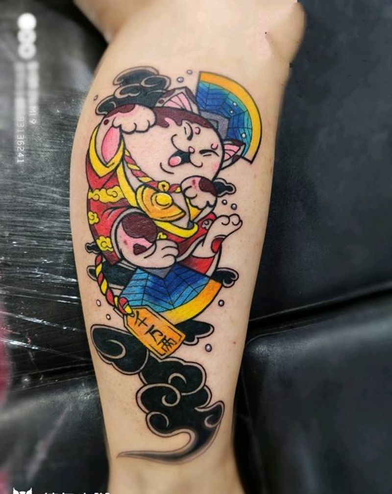 招财猫纹身图片_腿部New School纹身图案