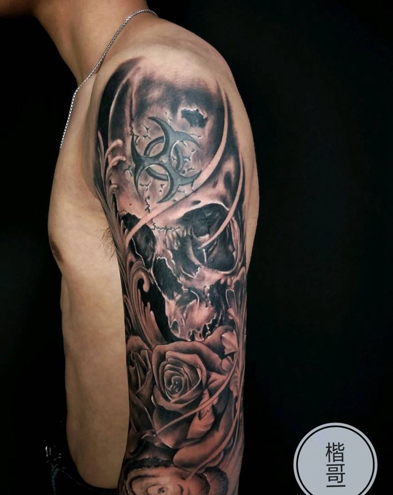 骷髅玫瑰纹身图片_手臂欧美写实纹身图案