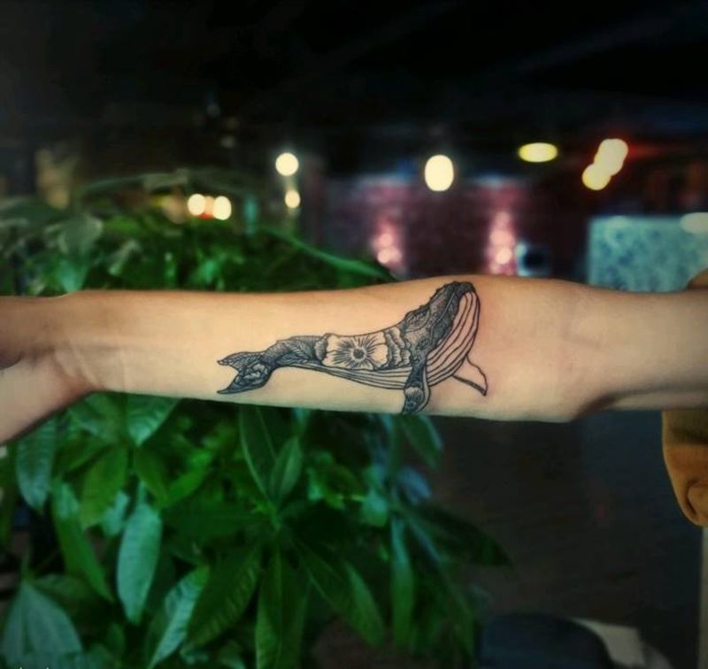 鲸鱼纹身图片_腿部手部清新几何动物成品纹身图案