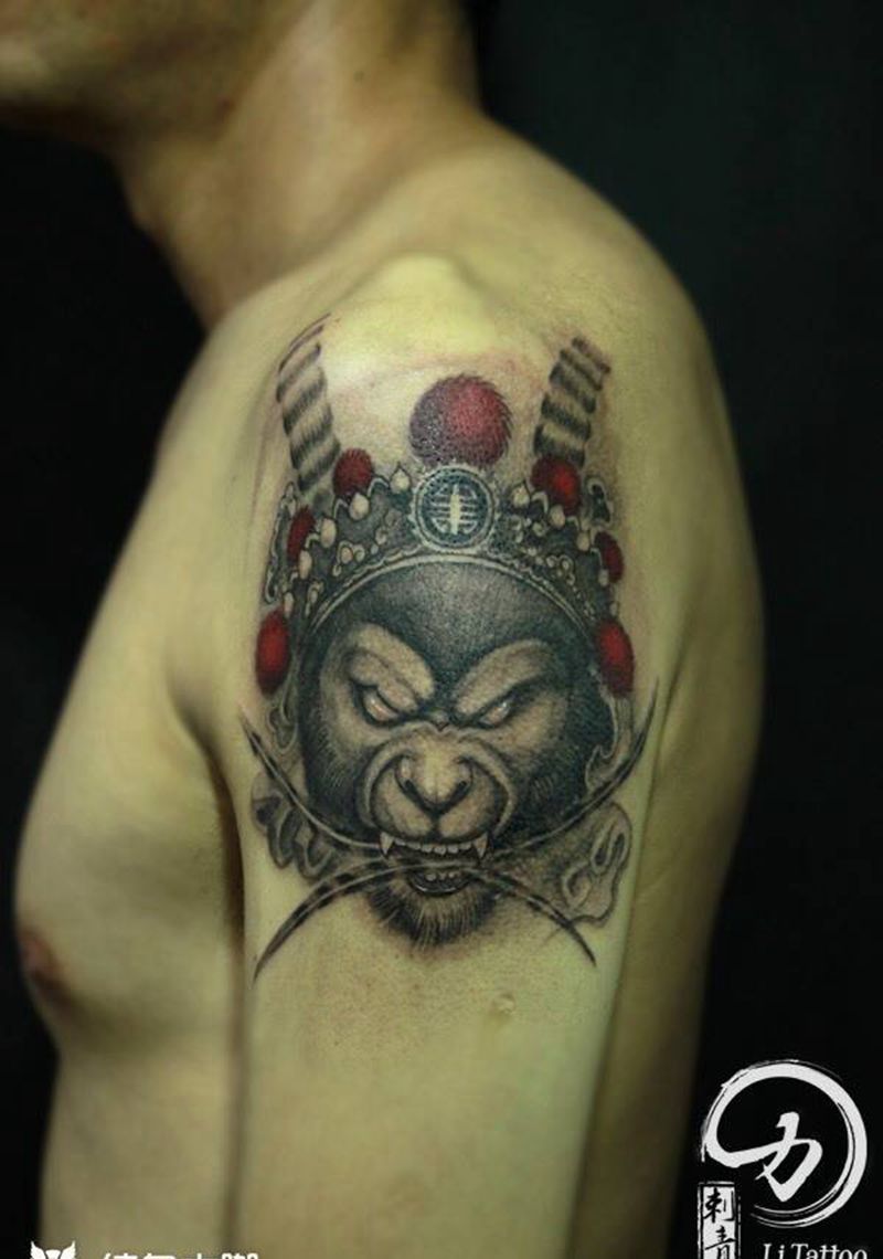 猴儿纹身图片_成品肩部传统动物人物鬼神纹身图案