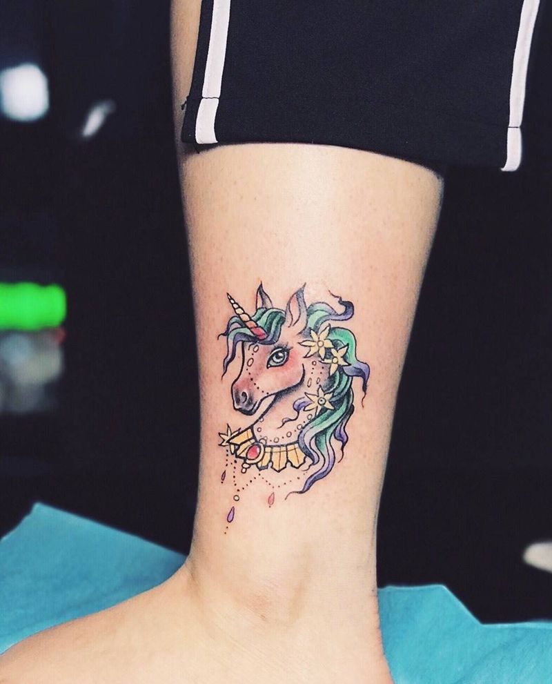 独角兽纹身图片_成品插画动物清新腿部腰部颈部手臂脚部纹身图案