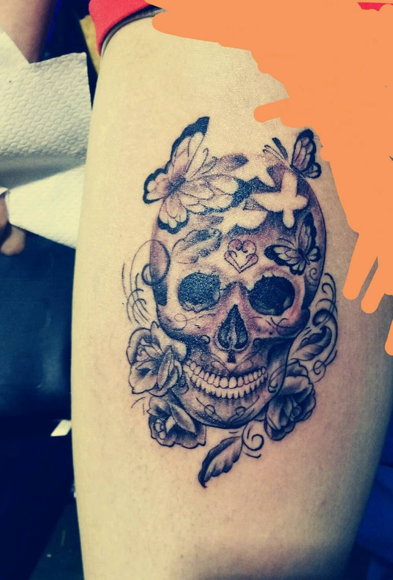 骷髅纹身图片_腿部欧美鬼神纹身图案