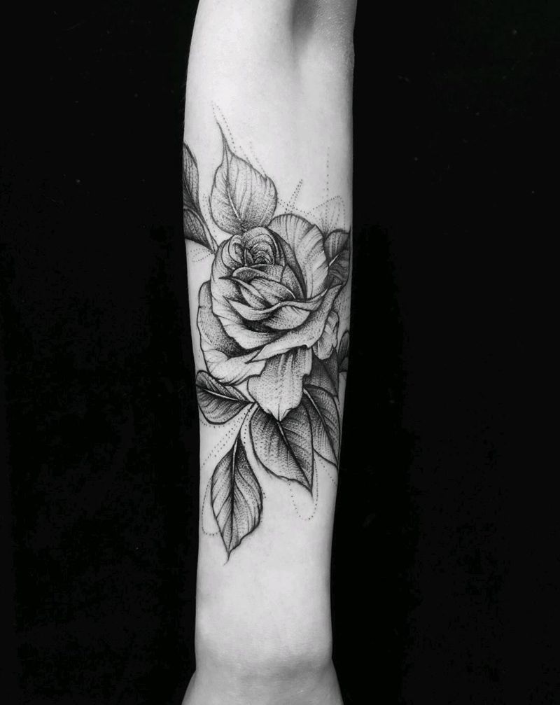 点刺玫瑰纹身图片_手臂点刺纹身图案