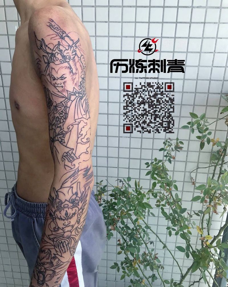 花臂线条纹身图片