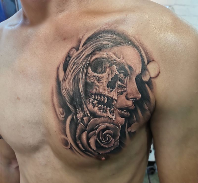 骷髅写实纹身图片_胸部欧美写实骷髅，美女纹身图案