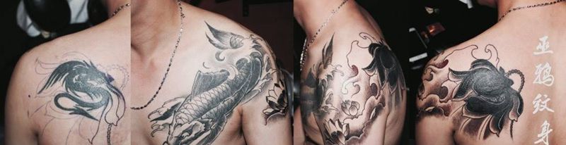 鱼狗花纹身图片_肖像传统清新写实动物植物字符成品胸部手臂纹身图案