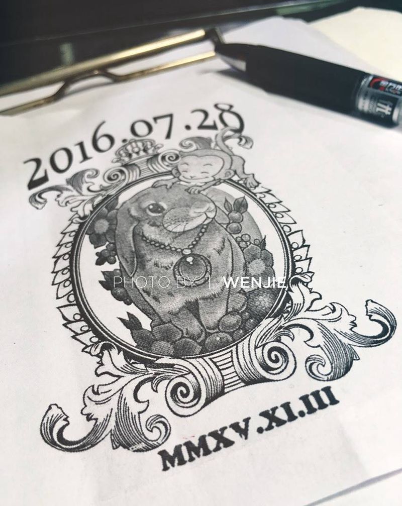 家人生肖文身纹身图片_成品手稿背部动物原创生肖猴生肖兔家人签字笔画纹身图案