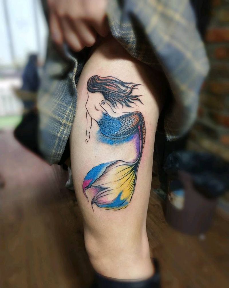 美人鱼纹身图片_腿部纹身图案