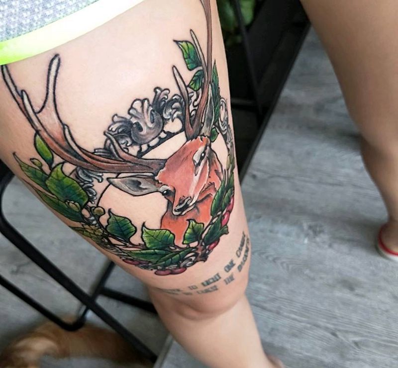 鹿纹身图片_腿部New School鹿纹身图案