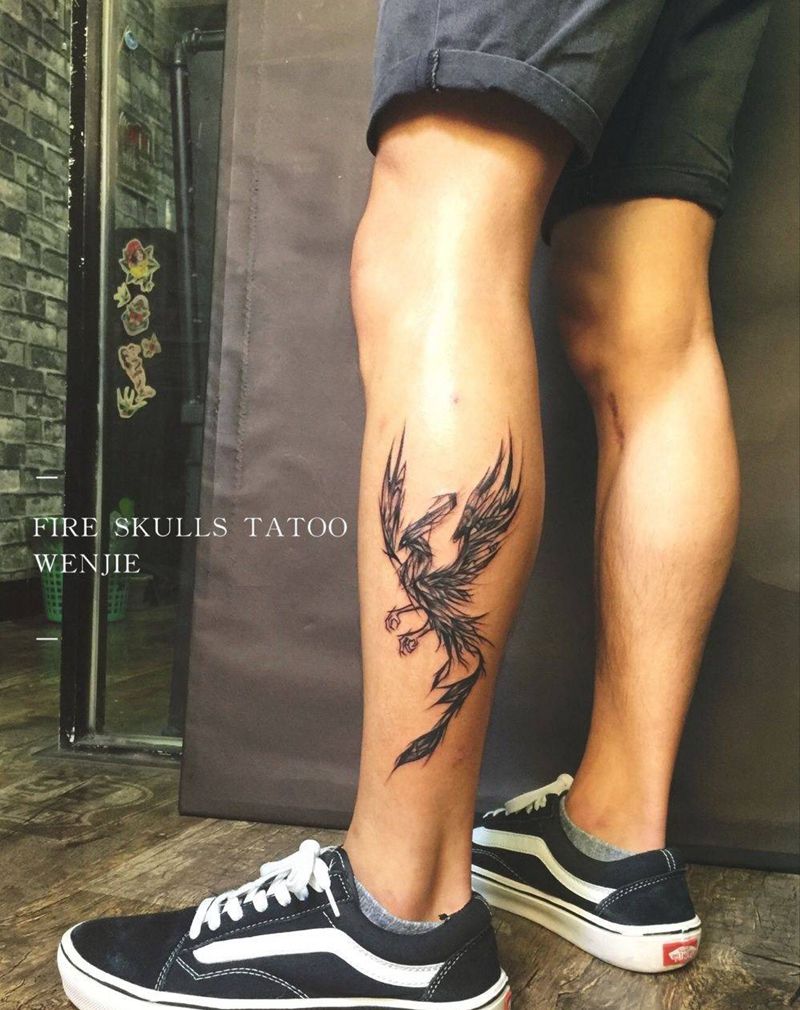 凤凰纹身图片_成品腿部欧美动物自贡火骷髅凤凰纹身图案
