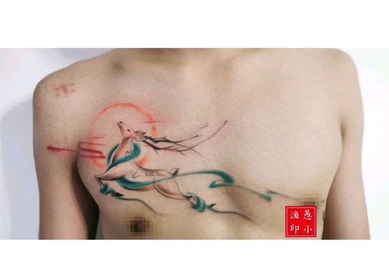 鹿纹身图片_胸部水墨原创中国风鹿纹身图案