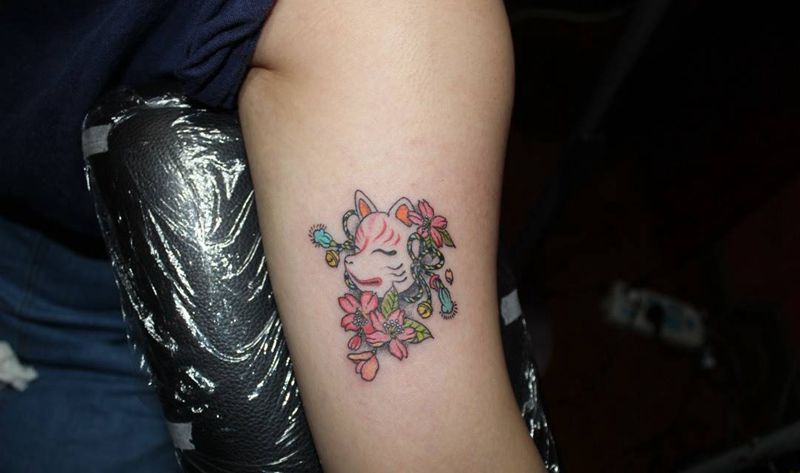 日式和风狐狸面具纹身图片_成品手臂传统习俗动物鬼神静物字符宗教清新纹身图案