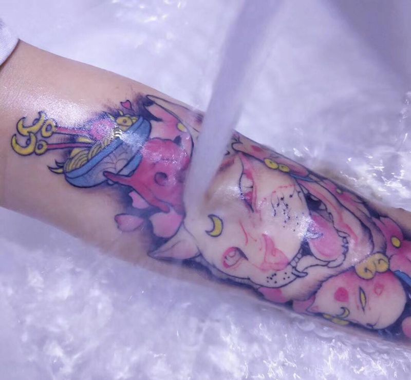 欧美面具猫纹身图片_成品手稿手臂欧美清新花臂樱花猫动物纹身图案