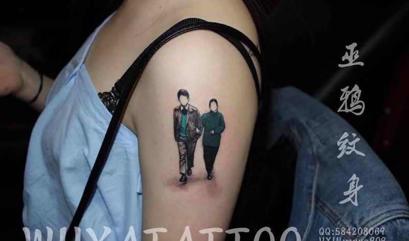 进阶版简笔肖像纹身图片_成品手臂欧美清新写实肖像人物情侣原创纹身图案