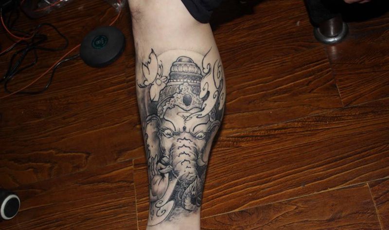 象神完美恢复纹身图片_腿部新传统水墨纹身图案