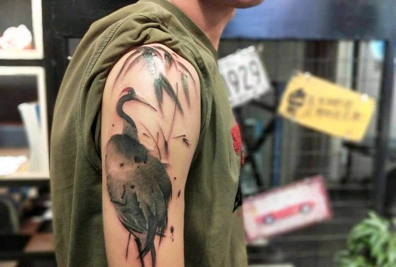 水墨仙鹤纹身图片