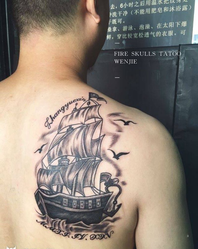 帆船纹身图片_成品背部欧美自贡火骷髅纹身图案