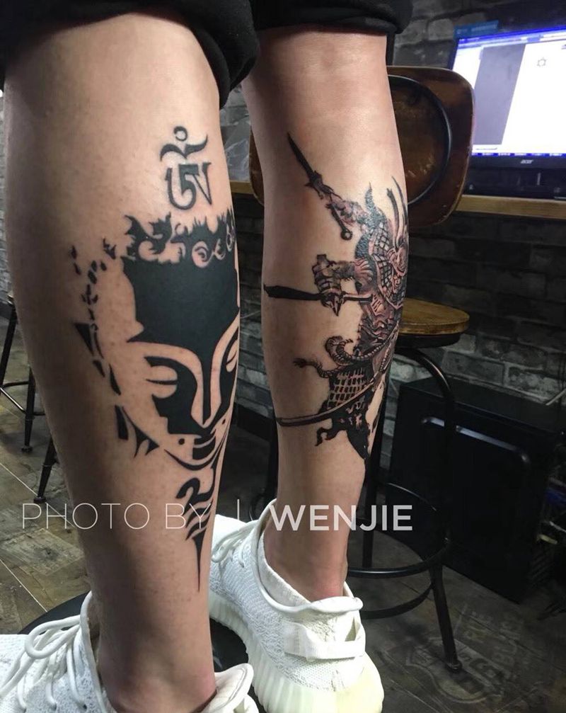 前年预约的多图纹身图片_成品手臂腿部欧美传统植物鬼神人物遮盖设计纹身图案