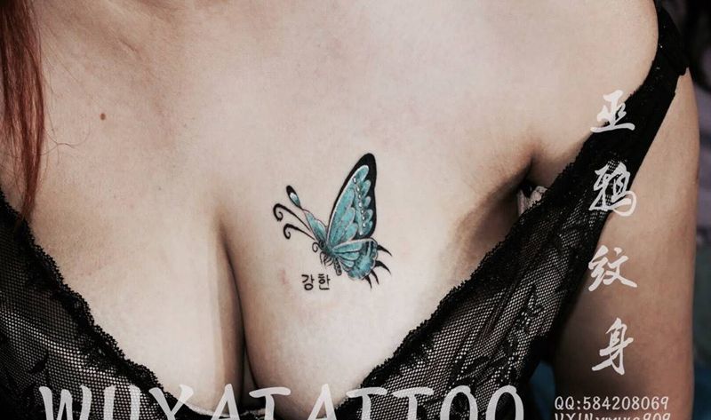 蝴蝶结女孩汉字纹身图片_成品胸部背部腹部手臂清新动物人物传统字符纹身图案