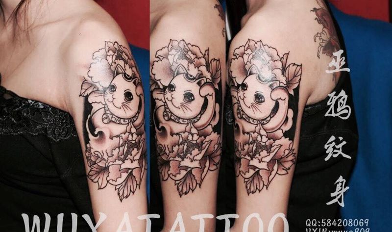 招财猫哈士奇梅枪鱼蒲公英纹身图片_成品手臂手部动物植物背部腿部国画传统清新纹身图案