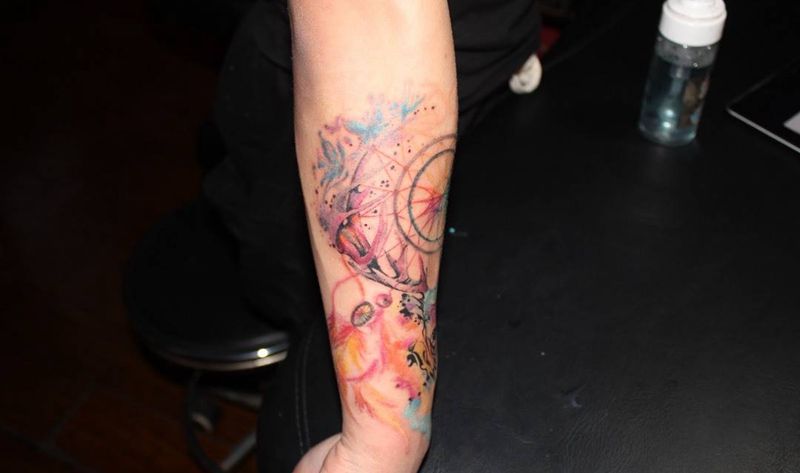 水彩捕梦网鹿头纹身图片_成品手臂手部欧美清新习俗国画动物静物几何纹身图案