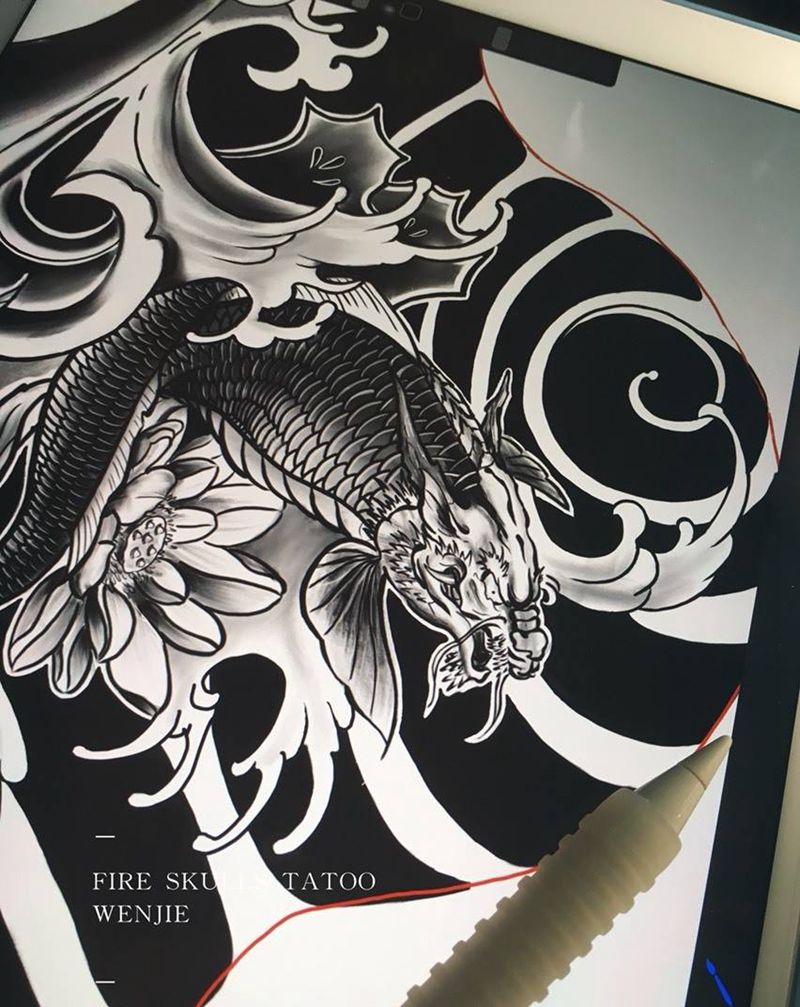 鳌鱼包大臂纹身图片_手稿成品手臂传统动物火骷髅纹身图案