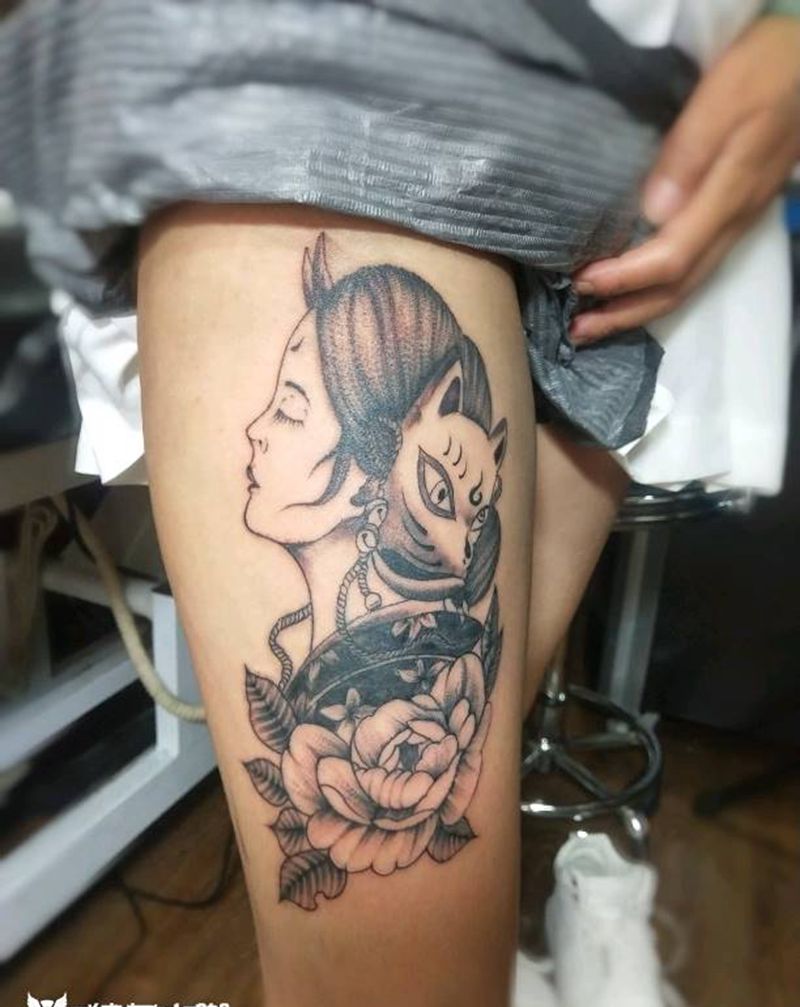 遮盖艺伎纹身图片_腿部纹身图案