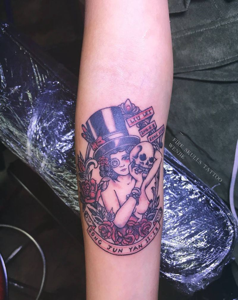 女郎纹身图片_成品手臂传统欧美人物火骷髅自贡纹身图案