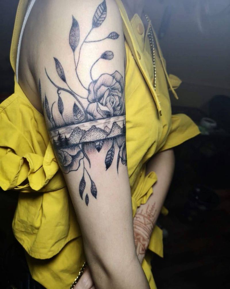 修改添加旧图纹身图片_成品肩部手臂清新植物点刺花臂纹身图案