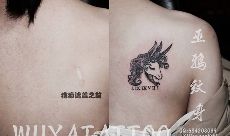 独角兽十字翅膀名字英文花纹身图片_成品背部手臂胸部清新动物植物字符脚部宗教纹身图案