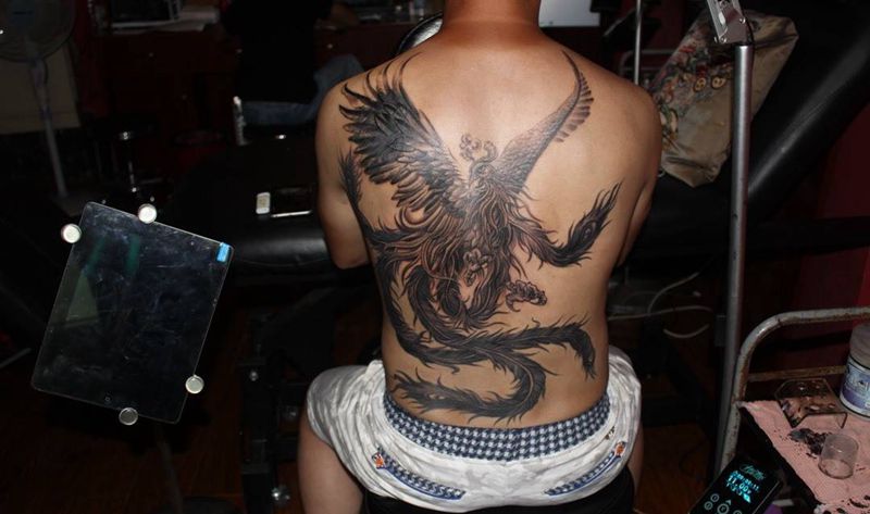 凤凰 翅膀遮盖狼头纹身图片_成品背部传统宗教鬼神动物欧美肖像纹身图案