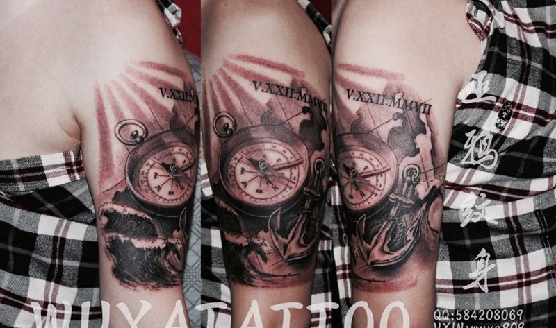 欧美指南锚海浪枪猫花英文纹身图片