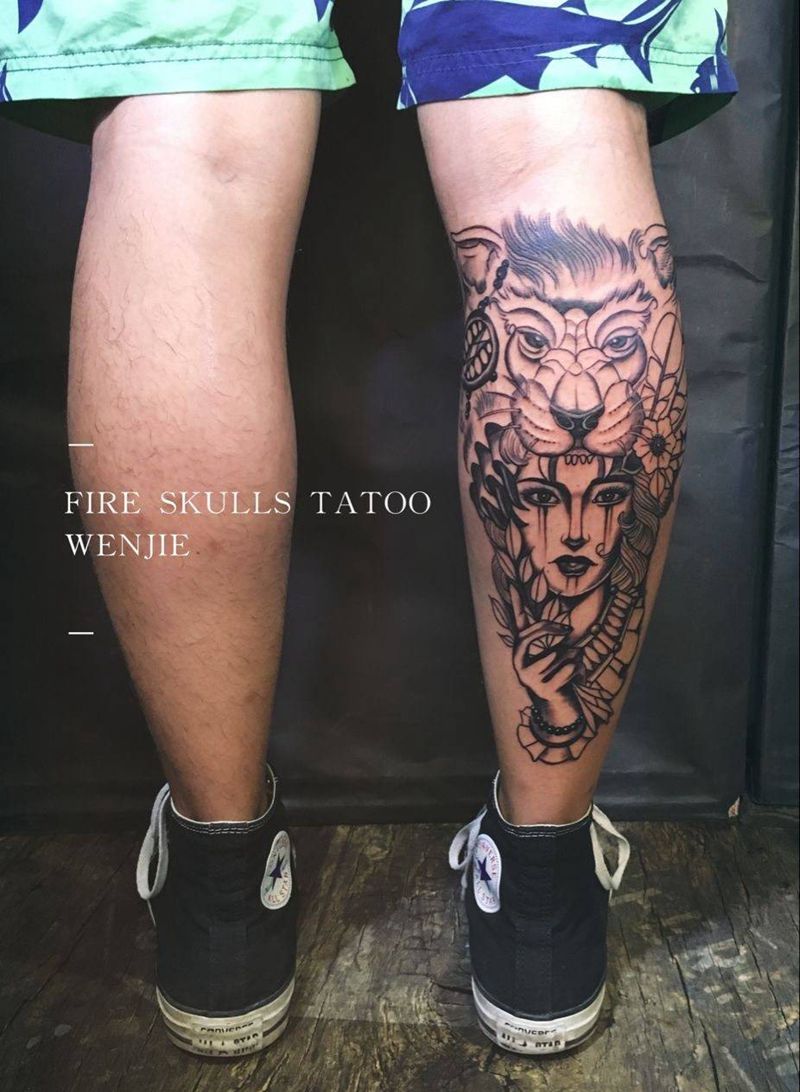 小腿美女来一份纹身图片_成品腿部传统人物自贡火骷髅纹身图案