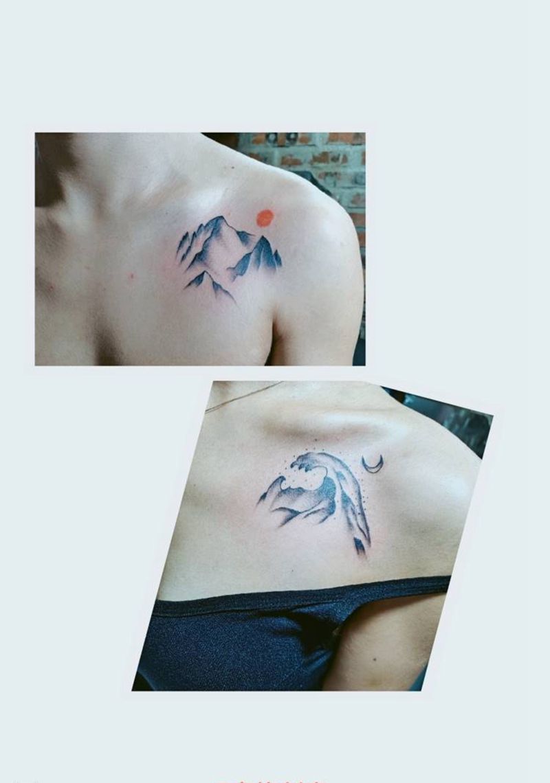 山海图纹身图片_胸部纹身图案